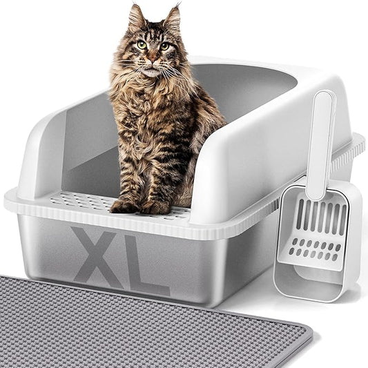 Stainless Steel Cat Litter Box with Lid, 24" L x 16" W x 11.8" H, Extra Large Litter Box for Big Cats with High Sided, Anti-Urine Leakage, Easy Cleaning, Include Cat Mat and Scoop