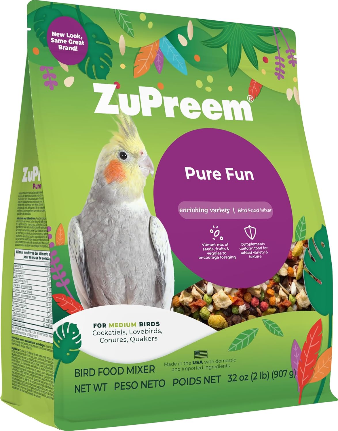 ZuPreem Sensible Seed Bird Food, Cockatiel, Lovebird, Quaker, Small Conure, Seed and Pellet Blend for Medium Birds, Food Mixer Topper, Enriching Variety, Made in the USA, (M, 2 lbs)