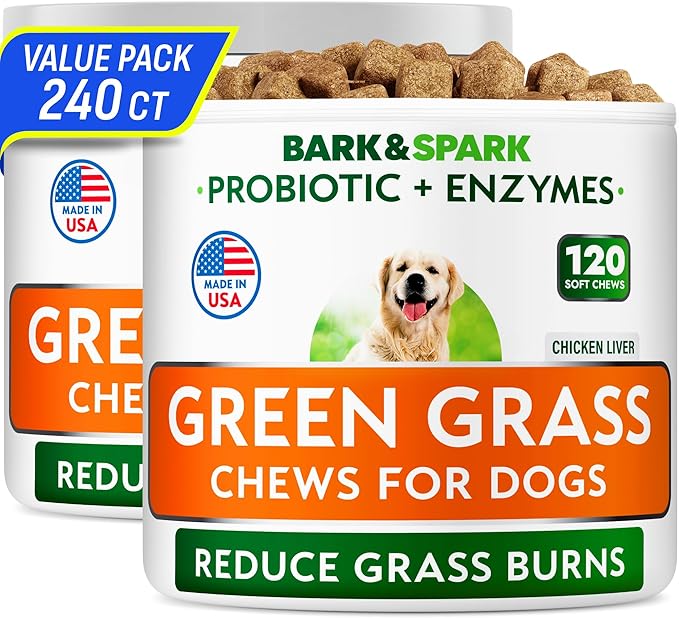 BARK&SPARK Green Grass Chews - Pee Grass Spot Saver Caused by Dog Urine - Urine Neutralizer for Lawn, Gut Health Probiotics & Digestive Enzymes,Lawn Burn from Dog Urine, Grass Burn Spot Chews (240Ct)