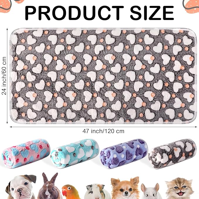 4 Pcs Waterproof Guinea Pig Blankets Washable Small Animal Fleece Bedding Absorbent Guinea Pig Cage Liners Reusable Pet Pee Pad Sleep Mat Pad Cover for Hamster Ferret (Heart Pattern,24 x 47 Inch)