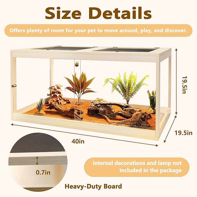 Reptile Terrarium Tank 60 Gallon Maximum, Lizard Tank Bearded Dragon Tank with Metal Mesh Roof Door, Snake Tank with Lock Design, 40" Length