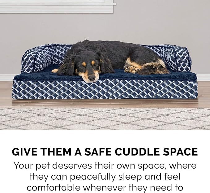 Furhaven Memory Foam Dog Bed for Large Dogs w/ Removable Bolsters & Washable Cover, For Dogs Up to 125 lbs - Plush & Woven Decor Comfy Couch Sofa - Diamond Blue, Jumbo Plus/XXL