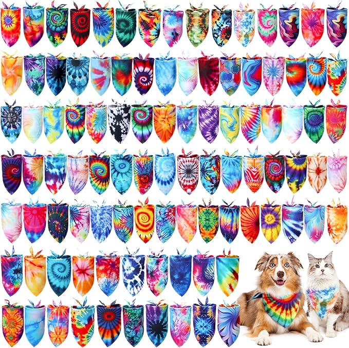 150 Pcs Tie Dye Dog Bandanas Bulk Pet Bibs Colorful Triangle Scarf Tie Dye Pet Bandanas for Medium Large Dogs Spring Summer Birthday Costume Decor