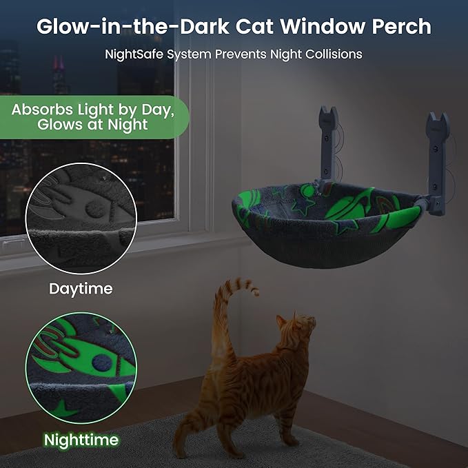 Cat Window Perch, Glow in The Dark Foldable Cat Hammock with Sunken Design & Removable Soft Cover, Breathable Cordless Window Bed for Resting Indoor Kitten (Deep Perch, 1 Pack - M)