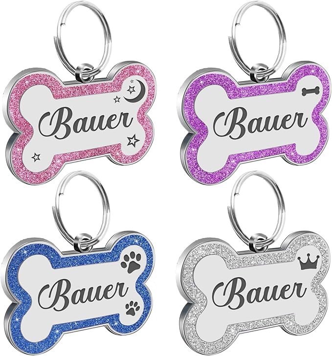 Dog Tags Personalized for Pets Dog Name Tags Personalized Dog Tag Engraved with Any Name & Text Custom Dog ID Tags Glitter Bone ID Tag for Puppy Cat (Silver L, Bone)