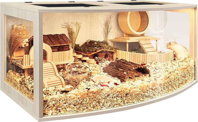 Hamster Cage Chew Proof Wood, Hamsters Enclosure Openable Top with Curved Design,Waterproof Small Animals Cage with Acrylic Sheets for Gerbils,Hamster Habitat(32 Inches)