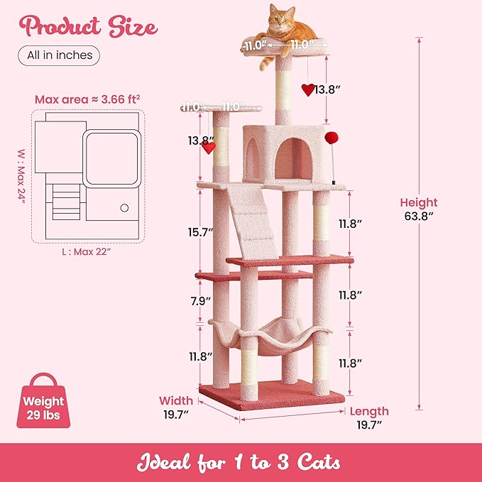 MWPO Cute Cat Tree, 63.8-Inch Pink Cat Tower for Indoor Cats, Multi-Level Cat Condo with 5 Scratching Posts, 2 Perches, Hammock, Dangling Toys