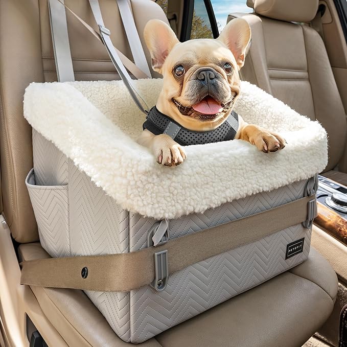 PETSFIT Small Dog Car Seat, Waterproof PU Leather Dog Booster Car Seat with Patented Safe Buckles, Pet Carseat for Medium or Small Sized Pets up to 30 lbs (Grey)