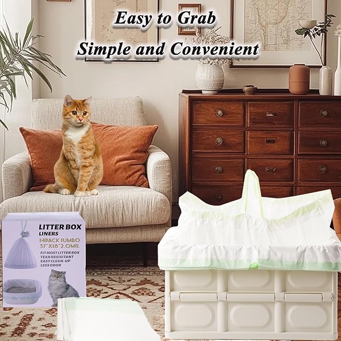 Suhaco Cat Litter Box Liners, Litter Pan Disposable Bags 2 Mil Thickened Cat Litter Liners with Drawstring 28 Pack Litter Bags for Easy Cleaning (L (Pack of 28))