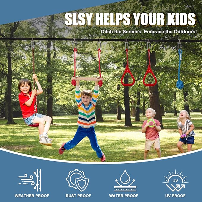 Slsy Ninja Warrior Obstacle Course for Kids, 50FT Durable Ninja Slackline Kit with 8 Complete Accessories, Playset Equipment with Swing, Climbing Net, Ladder & Monkey Bars (8 Obstacles)