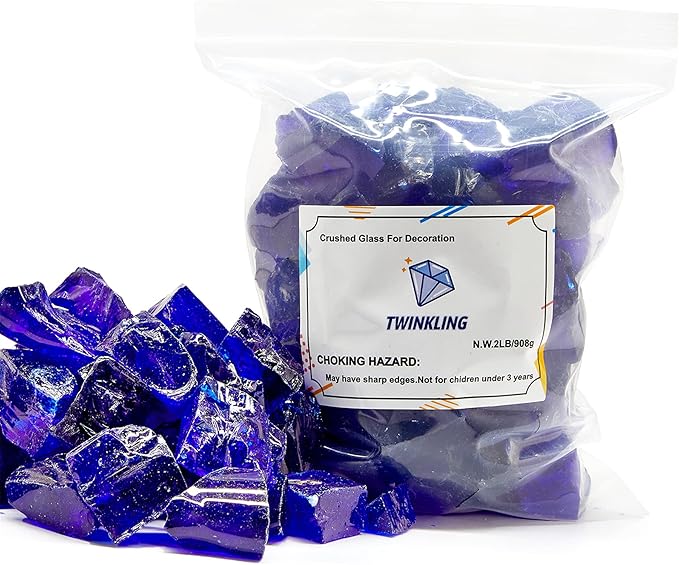 TWINKLING High Luster Fire Glass Gravel Stone,Broken Glass,Fire Pit Glass,Crushed Glass for Fireplace Pit Aquarium Garden Decoration,1-3cm,2-Pound Jar (Cobalt Blue)