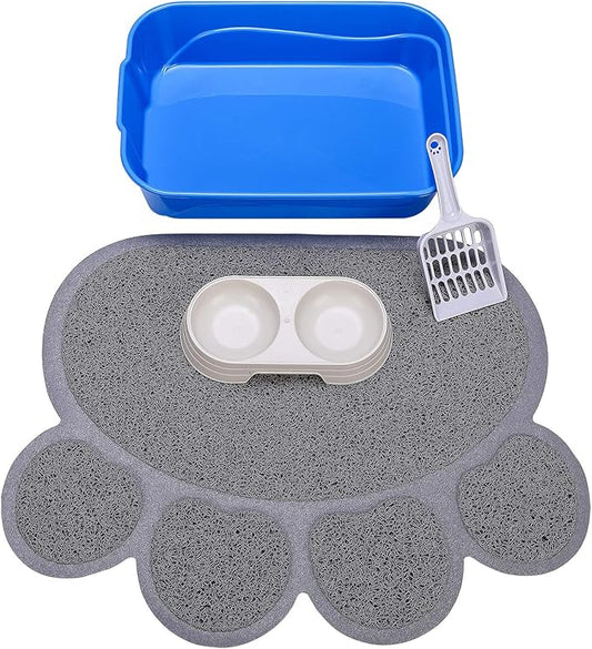 Kitty Litter Box Starter Kit - Small Cat Litter Pan Without Lid, Litter Mat, Scoop and Bowl for Kitten Within 3 Months (GreyScoop)