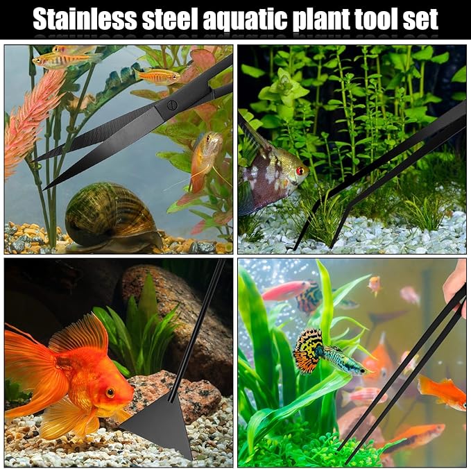 Aquarium Aquascaping Tool Stainless Steel Aquascape Tools Kit 4 in 1 Anti-Rust Fish Tank Starter Kit with Tweezers Scissors Spatula for Aquarium Plants (Black)