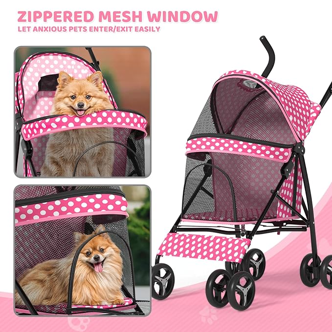 Magshion Compact Pet Stroller for Small-Medium Dogs/Cats up to 22lbs, 4-Wheel Lightweight Umbrella Shaped Portable Puppy Travel Jogger with Breathable Mesh & Rear Storage, Pink Polka Dots
