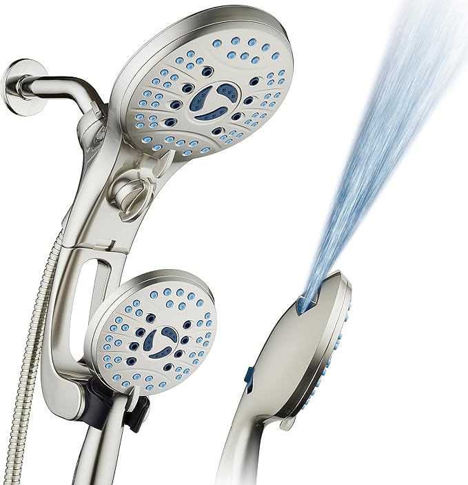 Hotel Spa AquaCare As-Seen-On-TV High Pressure Handheld/Rain 50-mode 3-way Shower Head Combo with Adjustable Arm - Anti-clog Nozzles, Tub & Pet Power Wash, 6 ft. Stainless Steel Hose, Nickel Finish