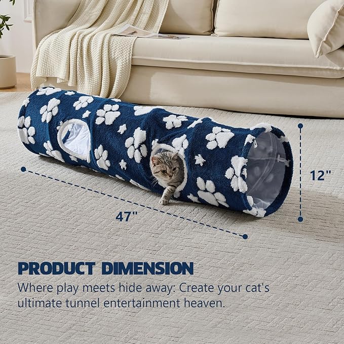 Straight Cat Tunnel for Indoor Cats 47"x12", Cute Cat Toys Collapsible Tunnel Tube with Balls for Puppy Kitten Rabbit, Blue Paw