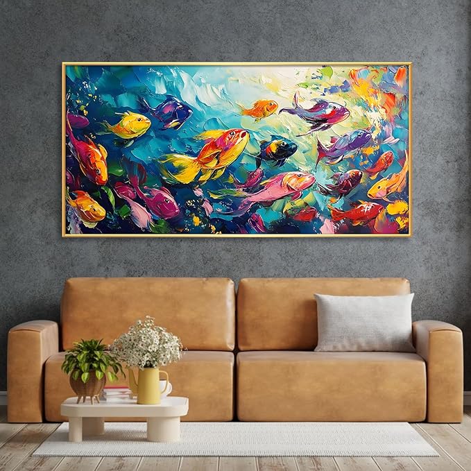 School of Fish Printed Canvas Wall Art – Framed Abstract Ocean Print – Vibrant Fish Wall Decor for Living Room, Bedroom, Office (Gold Framed, 39"x19"|100x50cm)