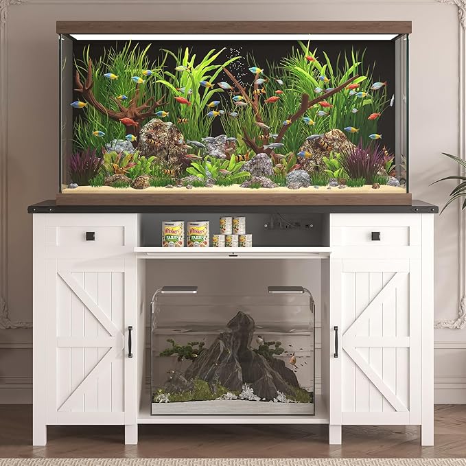 55-75 Gallon Aquarium Stand With Charging Station, Farmhouse Fish Tank Stand, Reptile Tank Stand Terrarium Stand with Drawer and Cabinet Storage, Sturdy Heavy Duty 53.5"×19.7" Tabletop - White