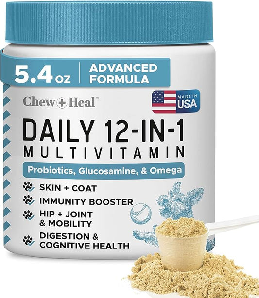 12-in-1 Multivitamin Powder for Dogs - 5.4 oz of Puppy and Senior Dog Vitamins and Supplements - Advanced Formula with Glucosamine, Omega 3,6,9, Vitamins, Probiotics, and More - Made in The USA
