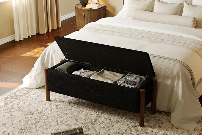 Modern Storage Benches with Walnut Wood Legs, 47'' Ottoman Bench with 20 Gallons Storage Space for Bedroom End of Bed, Fabric Upholstered Entryway Bench with Seating for Livingroom, Black