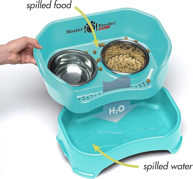 Neater Feeder Deluxe Mess Proof Cat Bowls Elevated for All Breeds – Made in USA – No Spill Raised Bowls for Indoor Cats – Stainless Steel Food and Water Bowl Set, Pet Dish Feeding Station, Aquamarine
