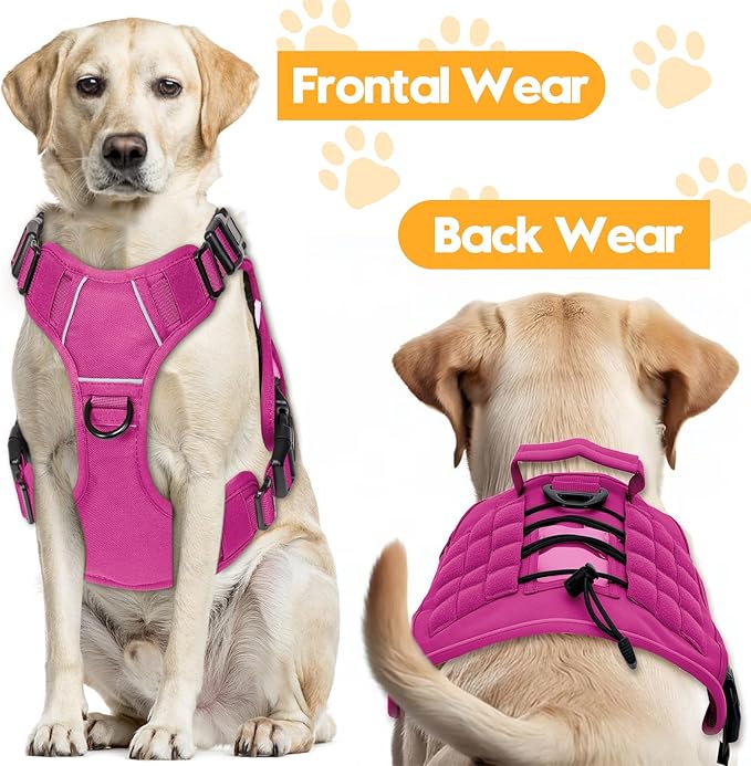 Heavy-Duty Tactical Dog Harness for Large Dogs, No Pull Adjustable Reflective Pet Vest with Molle System, K9 Military-Grade Control for Service Training, Outdoor & 10+ Breeds, Pink, Large