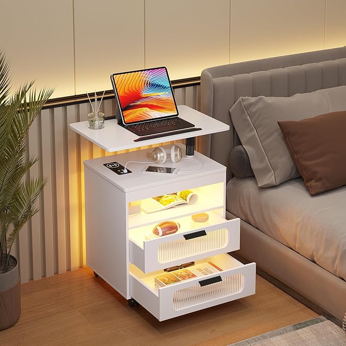 HNEBC Nightstand Set of 2, LED Nightstand with Wireless Charging Station/USB Ports,Smart Nightstand Has Adjustable Rotary Workstation with 2 Drawers,Modern Bedside Table for Bedroom Furniture(White)