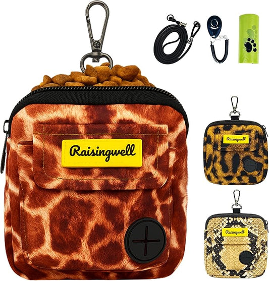 Dog Treat Pouch for Pet Walking and Training with Clicker Poop Bags and Double Bag Design Small Fanny Zipper Pack Holder for Puppy Snack Dispenser Kit for Leash and Outdoor Use Deer Hide Skin
