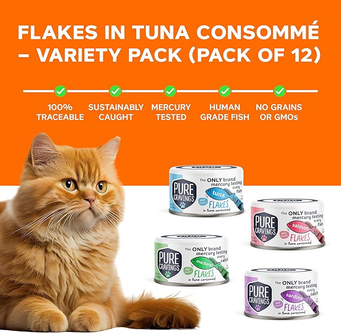 Flakes in Tuna Consommé, Canned Wet Cat Food Soup, 100% Mercury-Tested, Moist Can Fish, Grain-Free Protein, Non-GMO, 3oz, Variety Pack 3X Tuna, 3X Salmon, 3X Sardine, 3X Mackerel