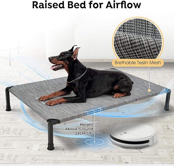 Veehoo Heavy Duty Elevated Dog Bed - Raised Dog Cot with Washable & Breathable Teslin Mesh, Non-Slip Silicon Feet, Cooling for Indoor or Outdoor, 41" x 27", Black Silver