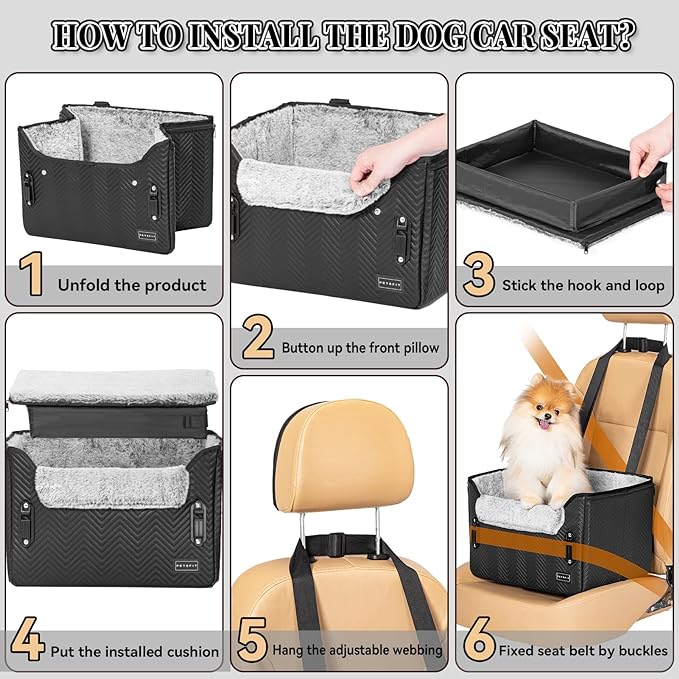 PETSFIT Small Dog Car Seat, Waterproof PU Leather Dog Carseat with Patent Safe Buckles, Clip-On Leash, Car Seat for Dogs, Cats Up to 25 lbs (Glossy Black)