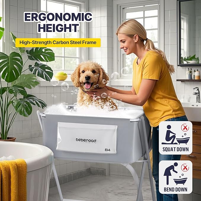 B4 Dog Bathtub Dog Washing Station with Scrubber for Small Medium Dogs Cats, Foldable Dog Tub for Bathing and Grooming, Portable Collapsible Dog Shower Tub, Indoor and Outdoor