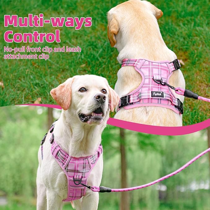 PUPTECK No Pull Dog Harness Small Sized, Adjustable Reflective Dog Harness with Handle Easy Control, Comfortable Soft Padded Pet Vest Harness for Small Dogs, Plaid Pink S