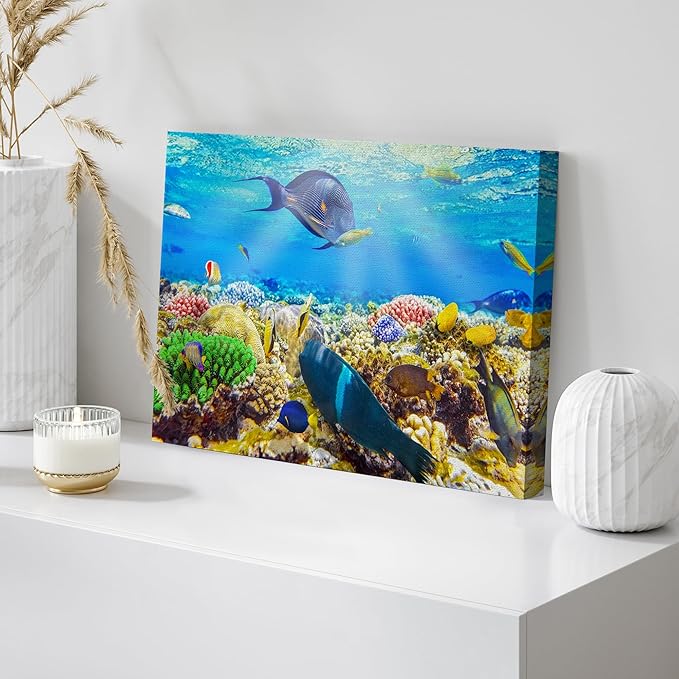 wall26 Canvas Print Wall Art Sunlight Ocean Sea Coral Reef Anemone Fish Nature Animals Photography Realism Rustic Scenic Landscape Wilderness Earth for Living Room, Bedroom, Office - 24"x36"