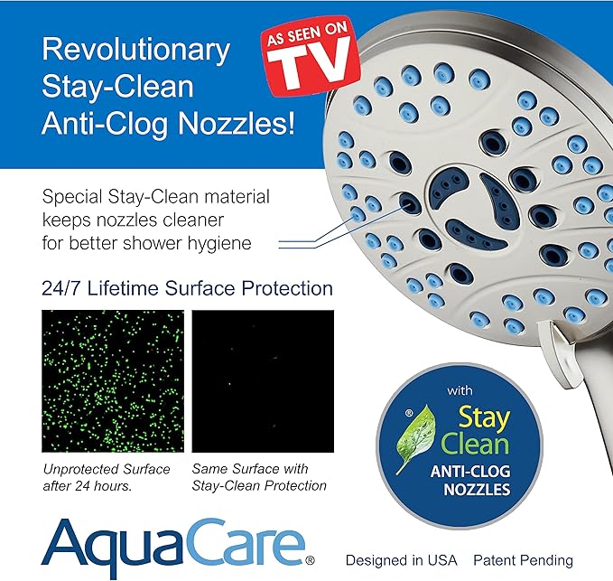 Hotel Spa AquaCare As-Seen-On-TV High Pressure 48-setting Rain & Handheld 3-way Shower Head Combo - Anti-clog Nozzles/Tub, Tile & Pet Power Wash/Extra Long 6 ft. Hose/Satin Nickel Finish