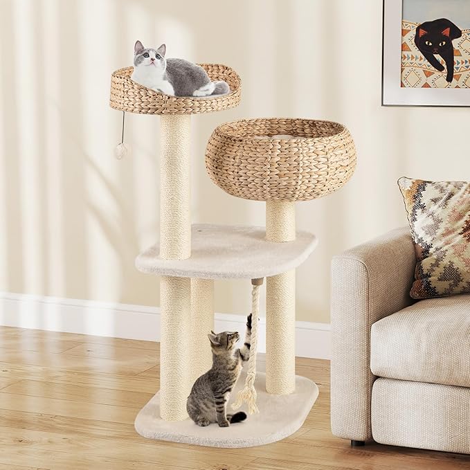 Tangkula Modern Cat Tree, Tall Cat Tower with Natural Sisal Scratching Post, Hand-Made Wicker Cat Condo & Top Perch, Funny Hanging Toy Ball, Cute Cat Tree Tower for Indoor Cats