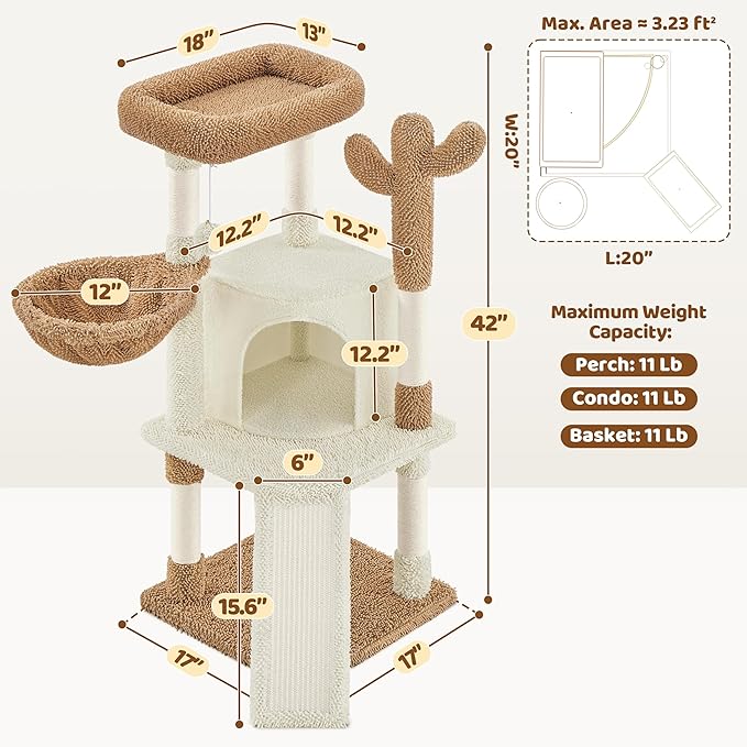 Yaheetech Cactus Cat Tree, 42in Cat Tower for Indoor Cats, Multi Level Kitten Condo Scratching Post, Pet Activity Center Furniture w/Ball, Plush Perch, Platform, Basket, Beige/Brown