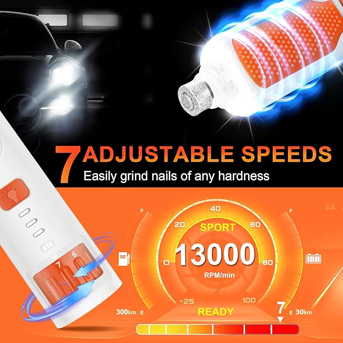 Dog Nail Grinder 7-Speed & 360° LED Light, Professional Pet Nail Grinder for Dogs and Cats, Electric Dog Nail Trimmer Painless Paws Grooming & Smoothing Tool for Large Medium Small Dogs Cats Pets