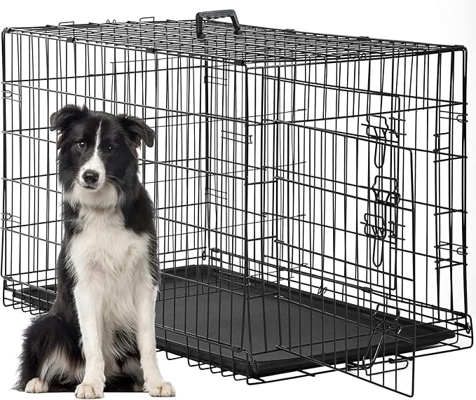 FDW Dog Crate for Large Dogs 48 Inch Folding Metal WirePet Cage Double Door W/Divider Panel Indoor Outdoor Kennel Leak-Proof Plastic Tray,Black