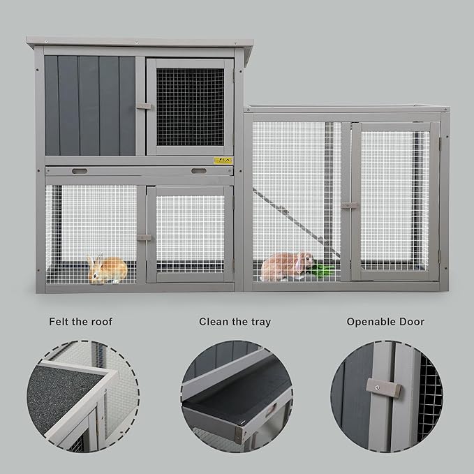 Assembled Wooden Indoor & Outdoor Rabbit Hutch, 2 Story Small Animal House Habitat, Durable Pet Bunny House Cage with Cleaning Tray, for Bunny Chick Duck Hamster (Grey)