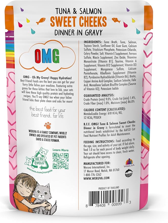 Weruva B.F.F. OMG - Best Feline Friend Oh My Gravy!, Tuna & Salmon Sweet Cheeks with Tuna & Salmon in Gravy Cat Food, 3oz Pouch (Pack of 12)