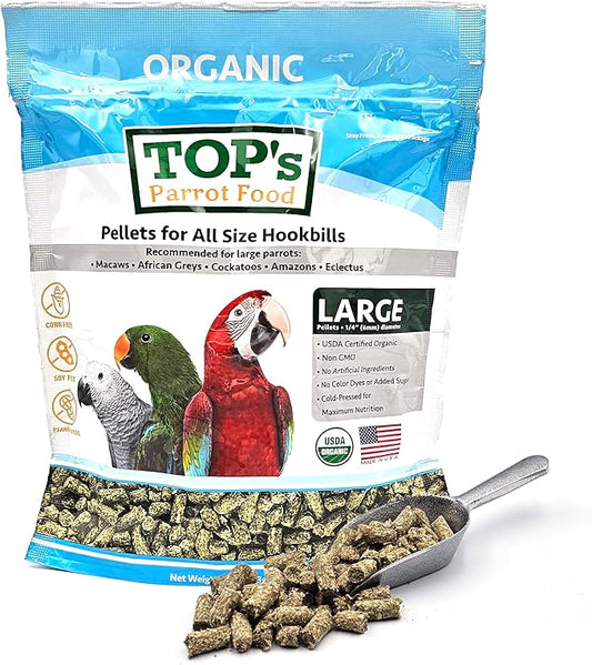 TOP's Parrot Food Pellets Hookbills, Small, Medium, Large Birds - Non-GMO, Peanut Soy & Corn Free, USDA Organic Certified - 1 lb / 453 g