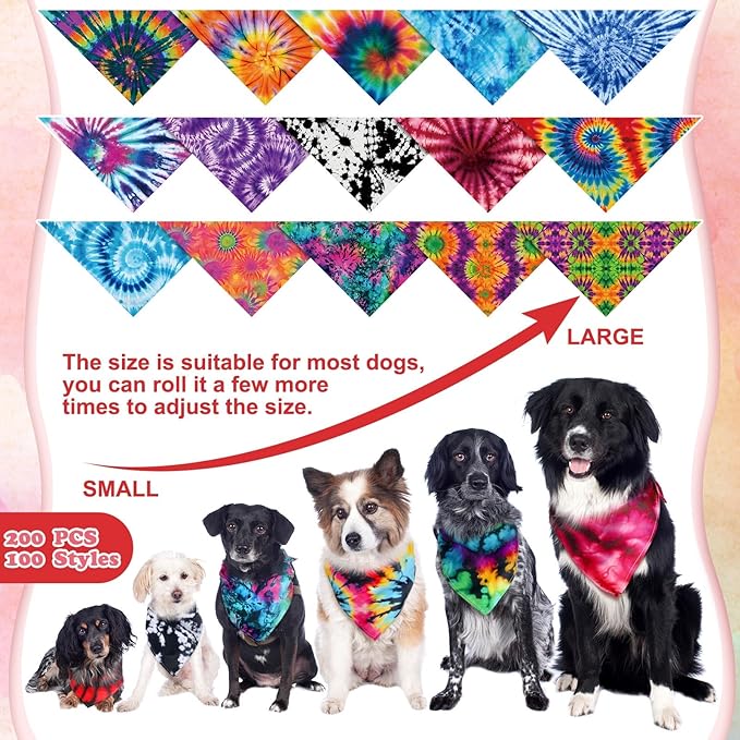 100 Pcs Tie Dye Dog Bandanas Bulk Pet Bibs Colorful Triangle Scarf Pet Bandanas for Medium Large Dogs Holiday Summer Hawaiian Birthday Costume Decor