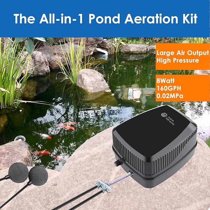 AquaMiracle All-in-One Koi Pond Aerator for Outdoor Ponds up to 1500 Gallons, Pond Air Pump Pond Aeration System with 2-Outlet Manifold Airline Tubing Air Stones Check Valves