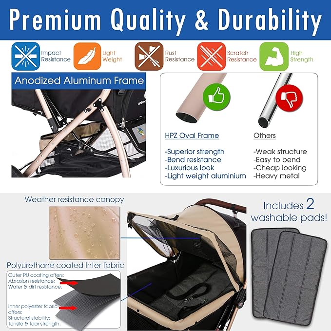XL Extra-Long Premium Heavy Duty Dog/Cat/Pet Stroller Travel Carriage for Small, Medium, Large Pets (Taupe 2nd-Gen)