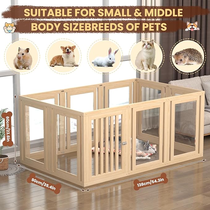 10 Panels Dog Playpen with Door, 23.6" H Pet Playpen Indoor, Clear Acrylic Puppy Playpens, Wooden Puppy Fence with Gate, Transparent Dog Pens, Pet Pen Indoor for Dogs, Cats, Rabbit (Wood)