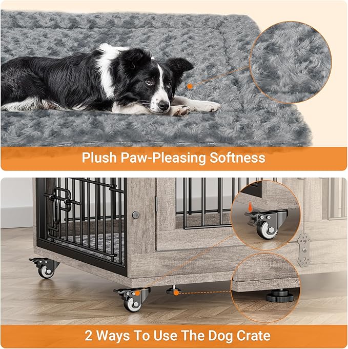 Lulive Dog Crate Furniture Set of 2, Dog Kennel Indoor Double Doors Wooden Dog Cage, 32'' Heavy Duty Dog Crate with Cushion & Wheels, End Table Pet House Chew-Resistant Up to 45 lb, Grey