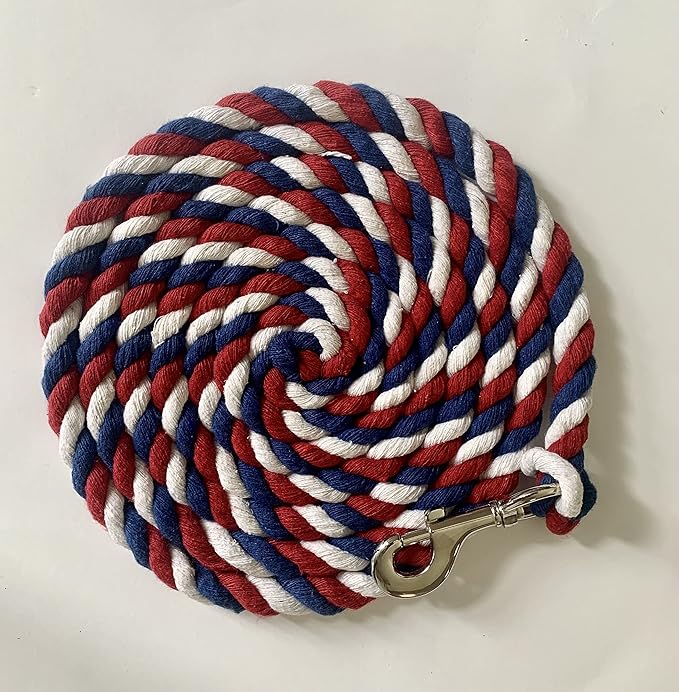 Majestic Ally Pack of 2 Solid Cotton Lead Rope for Horses & Livestock – 10 Foot Long and 5/8 inch Thick - Replaceable Heavy-Duty Satin Bolt Snap – Handmade – Soft, Broken in Feel (Patriotic)