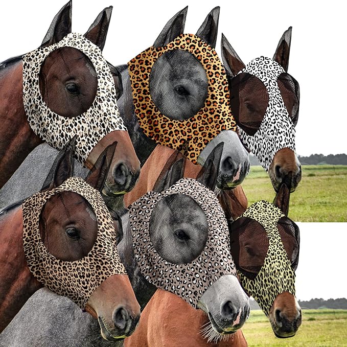 Chunful 6 Pcs Horse Fly Masks with Ears Smooth and Comfortable Cashel Mesh Fly Mask Elasticity Breathability UV Protection Horse Face Covering for Riding Supplies(Leopard,Medium)