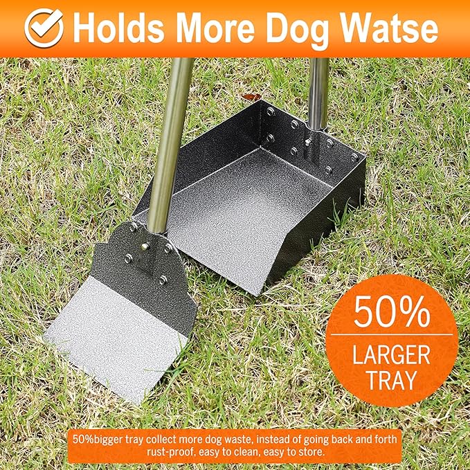 Dog Pooper Scooper, Adjustable Handle Poop Scooper with Tray,Rake and Spade Set of 3, Steel Stainless Poop Scoop for Medium Large Dogs and Pet Waste on Grass, Dirt and Gravel (Large Size)